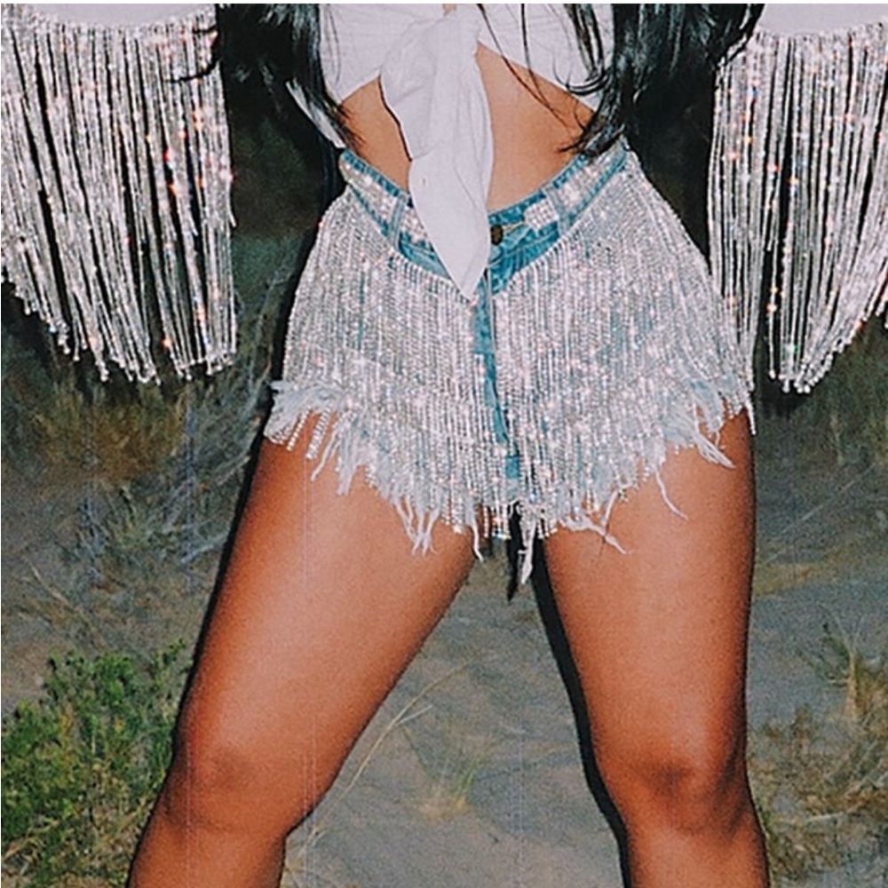 XPluswear Plus Size Silver Party Sequin Fringe Button Denim Shorts Size 2X NWT!